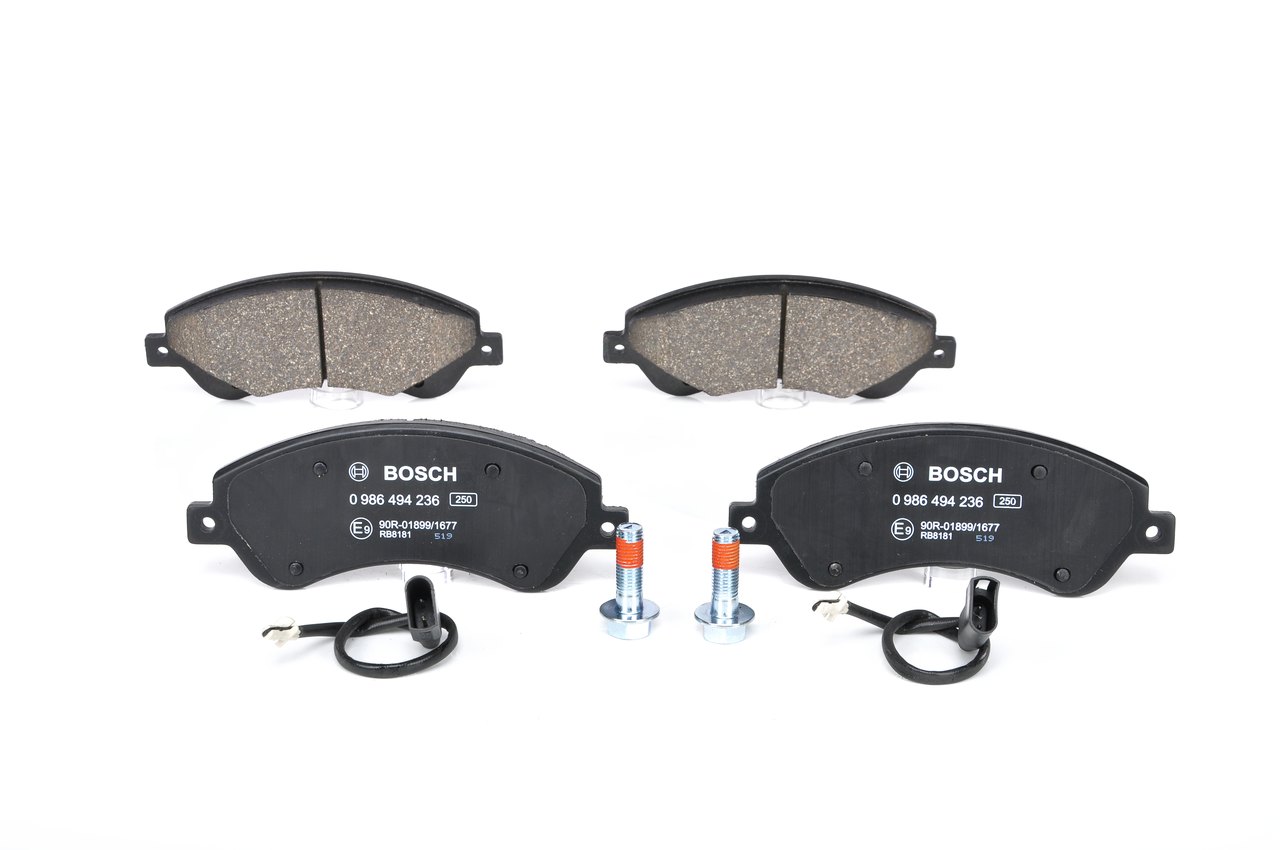 BOSCH | Juego de pastillas de freno con contacto avisador de desgaste, Chapa antichirridos, con tornillos, con accesorios 0 986 494 236 FORD Transit Mk6 Furgoneta (V347, V348) 2010 baratos online