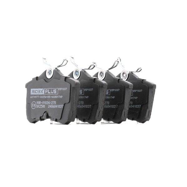 Bremsbeläge 402B0174P RIDEX PLUS 43022SEAE01 mit akustischer Verschleißwarnung, exkl. Verschleißwarnkontakt, Hinterachse, mit Anti-Quietsch-Blech, mit Zubehör