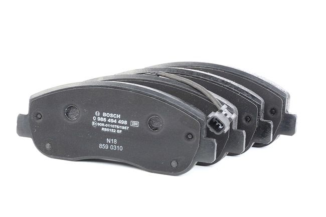 Bremsbeläge 0 986 494 498 BOSCH 4106000Q1E mit integriertem Verschleißsensor, mit Anti-Quietsch-Blech