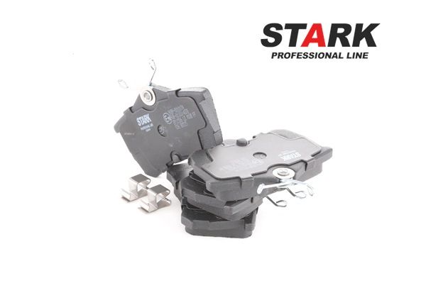 Bremsbeläge SKBP-0010174 STARK 43022SEAE01 mit akustischer Verschleißwarnung, exkl. Verschleißwarnkontakt, Hinterachse, mit Anti-Quietsch-Blech, mit Zubehör